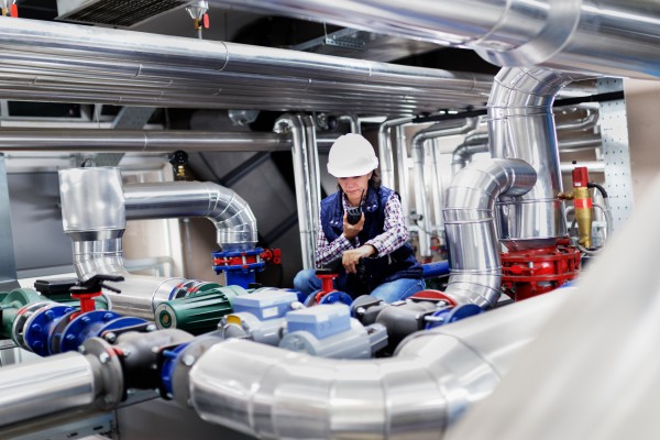 <p>Woman working in the boiler room</p>