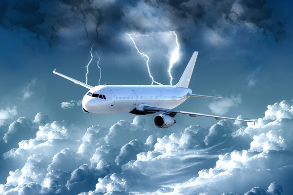 <p>Caption:Commercial airliner in hazardous weather</p>